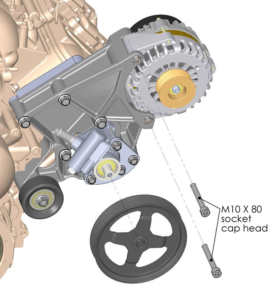P/S Pulley & Alternator Installation: NOTE: Torque M8 bolts to 18 ft./lbs. and M10 bolts to 36 ft./lbs. The P/S pulley must be installed using an installation tool that can be rented at most auto parts stores.