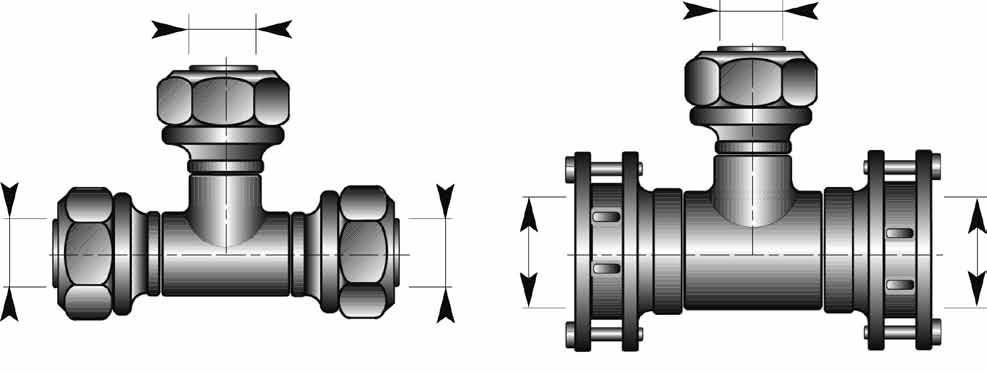 PE jointing methods screwed connectors, T-pieces CLX 2.355 d2 d2 d1 d3 d1 PE 25-75 PE 90-110 Material: brass Ø d1 Ø d3 Branch, Ø d2 mm mm 25 x 2.3 32 x 2.9 40 x 3.7 50 x 4.6 63 x 5.8 75 x 6.8 90 x 8.