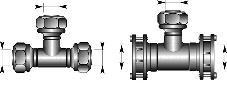 2.355 PE jointing methods Screwed connectors, T-pieces d2 d2 d1 d3 d1 d3 PE 25-75 PE 90-110 Material: brass Ø d1 Ø d3 Branch, Ø d2 mm mm 25 x 2.3 32 x 2.9 40 x 3.7 50 x 4.6 63 x 5.8 75 x 6.8 90 x 8.