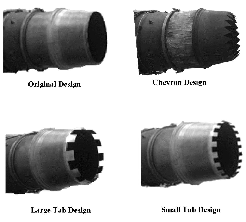 A Large Tab nozzle was designed with 10 two-inch tabs surrounding the forty-inch circumference of the exhaust opening. The tip of each tab was set in toward the exhaust path by thirty degrees.