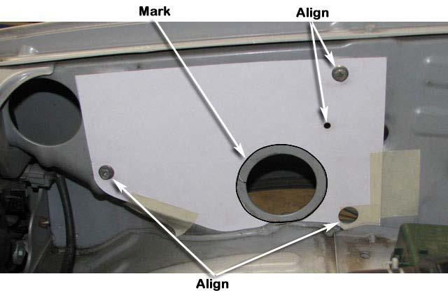 Use a 86mm diameter hole saw to drill the snorkel body outlet hole position in the guard panel.