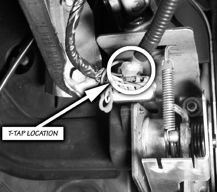 Locate the PURPLE wire that goes into the brake pedal switch connector. Cut the PURPLE wire approximately 4" from the brake pedal switch connector. 36.
