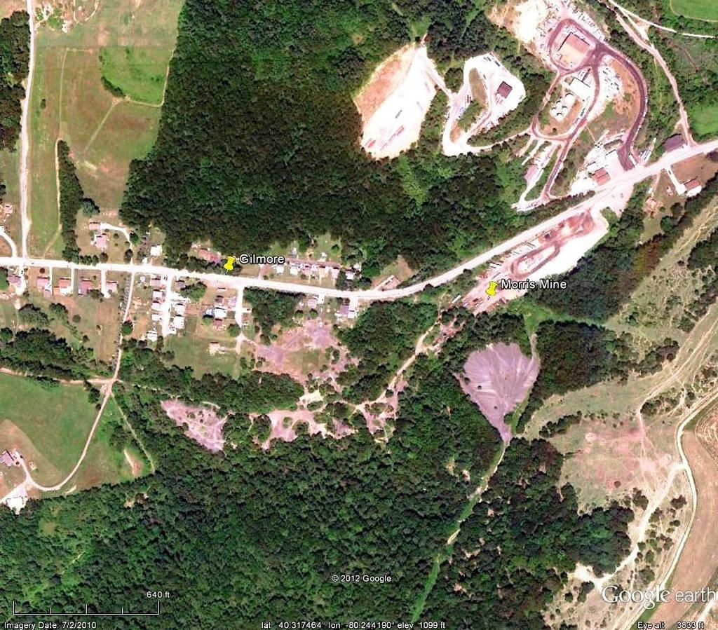 A 2010 satellite image from Google Earth shows the former Morris Mine location and the village of Gilmore.