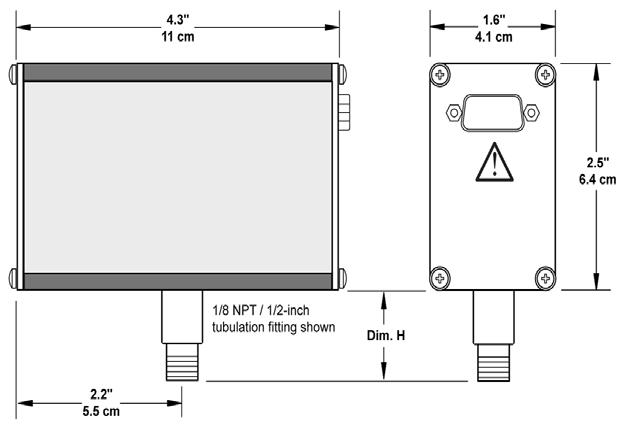 Chapter 2 Figure 2-3 Mini-Convectron Module Dimensions Table 2-1 Mini-Convectron Vacuum Connections Vacuum Connections Dim. H cm in. 1/8 NPT pipe thread, ½-inch inside diameter 2.2 0.