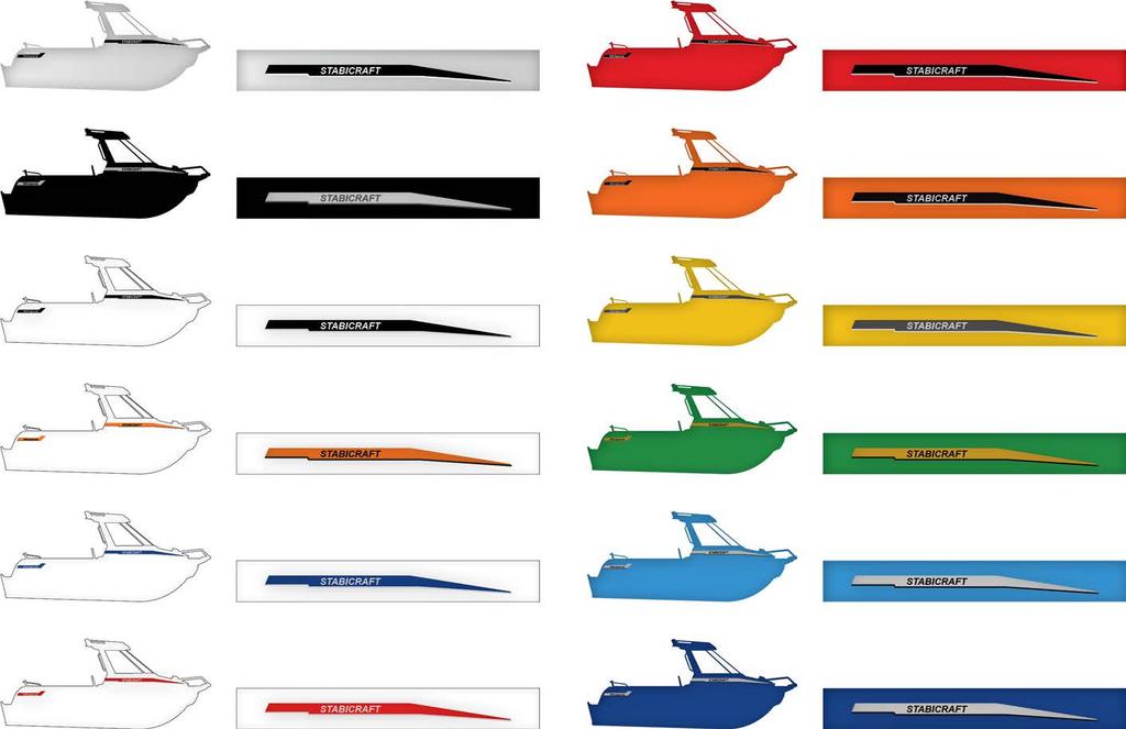 GRAPHICS GLOSS COLOURS Graphics - what to expect on your boat: ALLOY BOAT BLACK AND WHITE GRAPHICS BLACK PAINT TITANIUM AND GREY METALLIC GRAPHICS WHITE PAINT BLACK AND TITANIUM GRAPHICS STABICRAFT