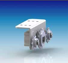 Radial Damper LD 100 with Chain Wheel Z16, two small chain wheels and wide mounting bracket The radial damper LD 100 with chain wheel Z16 and two additional guiding wheels Z11 damps by means of a