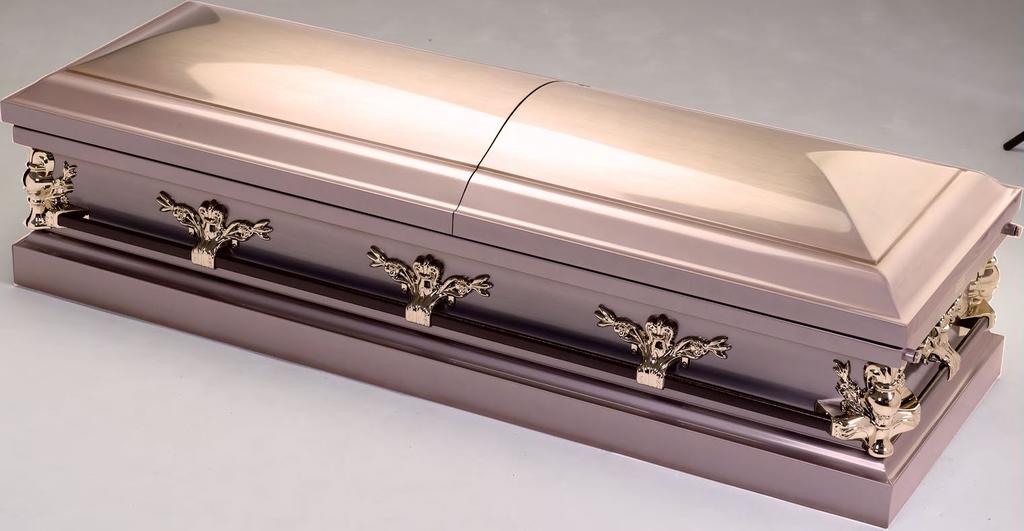 Tea Rose 18 Gauge Steel casket. Brushed steel finish with lilac and copper shading. Pale Pink smocked Crepe interior with rose motif on lid panel.