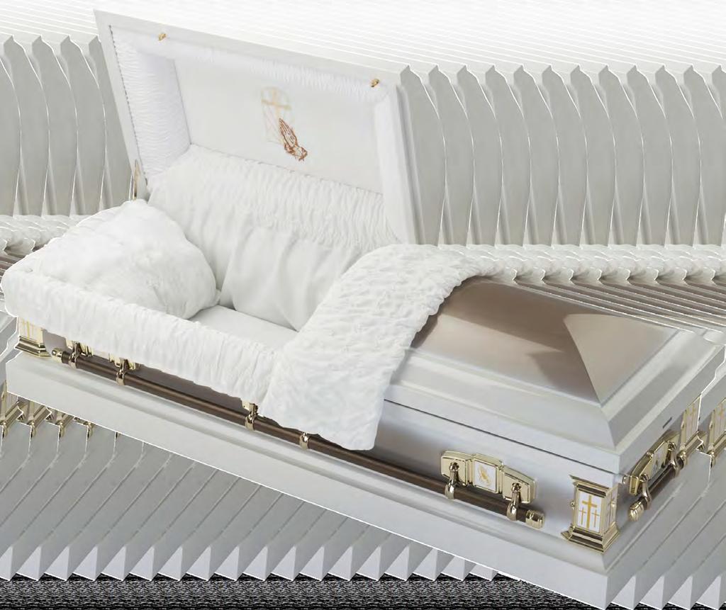 Devotion 20ga Steel casket. White finish with gold shading.