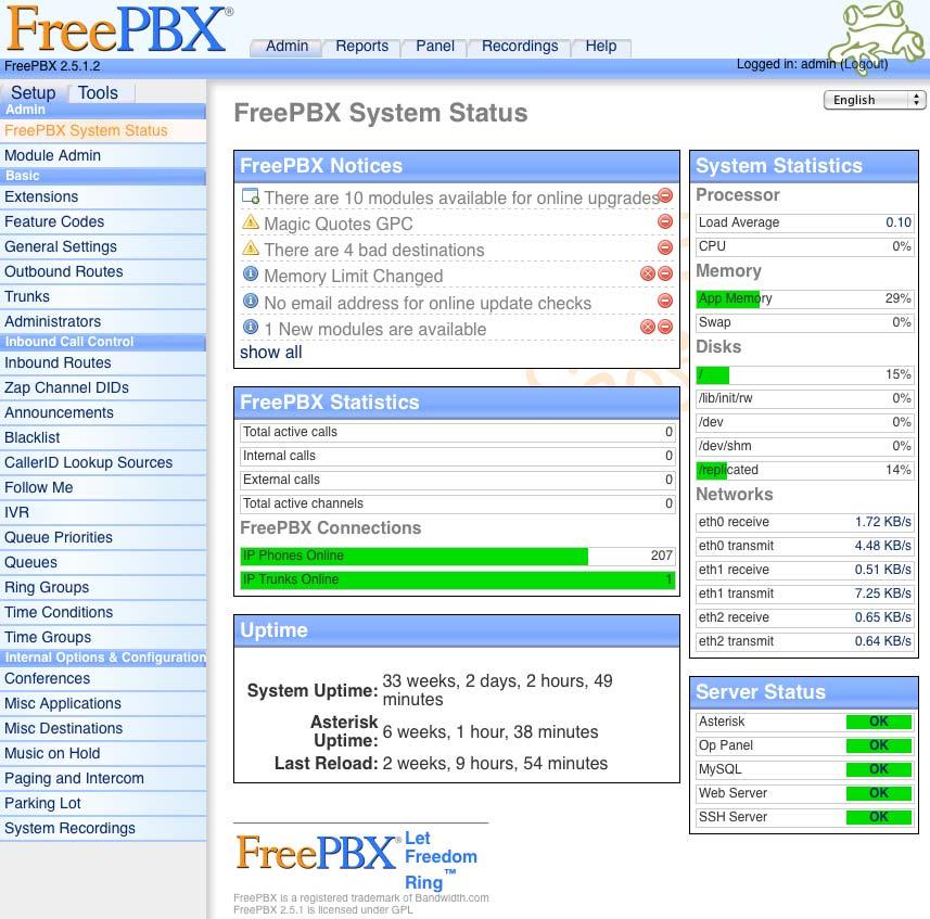 2.5.6. FreePBX FreePBX je grafični uporabniški vmesnik napisan v PHP in teče na sami centrali. Uporablja se za lažjo kontrolo in upravljanje z nastavitvami Asterisk centrale.