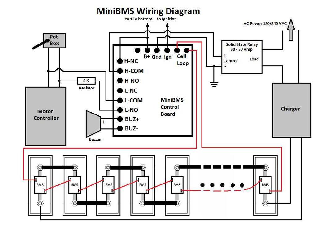 Next diagram shows only motor controller portion of MiniBMS wiring diagram for 3 wire resistive pot box and controller which expects 0-5V throttle input.