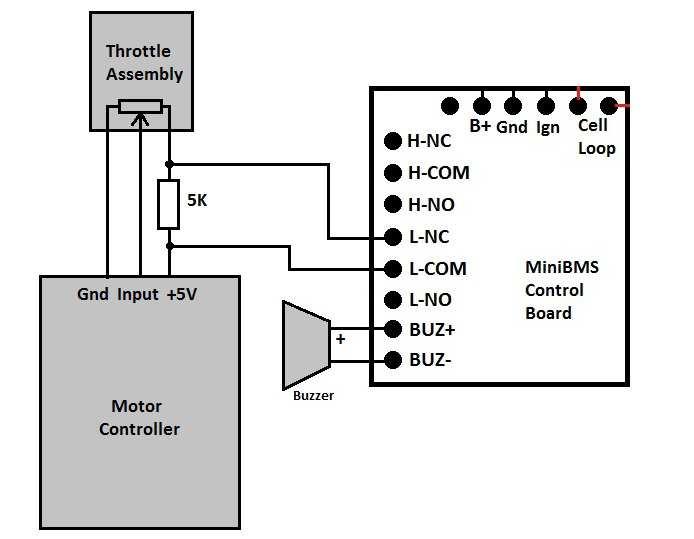 Next diagram shows only motor controller portion of MiniBMS wiring diagram for 3 wire Hall Effect throttle.