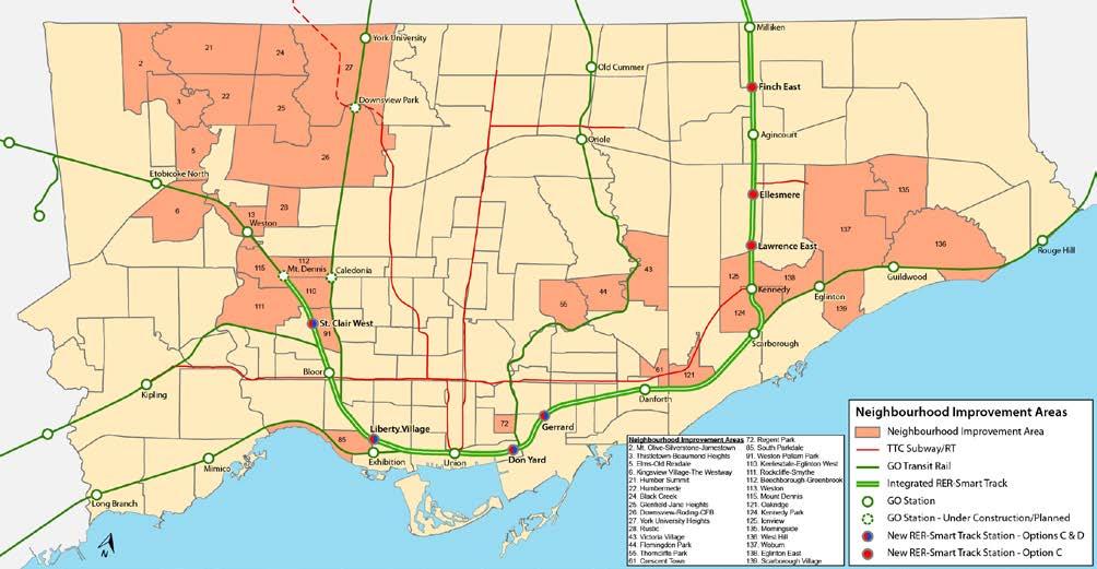 Figure 13: GO Corridors with Existing Station Locations and Neighbourhood Improvement Areas Strengthening Places Shaping the City Transit investments can play a very significant role in the