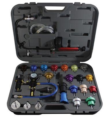 PRESSURE TESTING 43300 14 PC COOLING SYSTEM PRESSURE TEST KIT Detects and exposes external system leaks Detects internal engine leaks due to blown gaskets or cracked block Includes blue and black