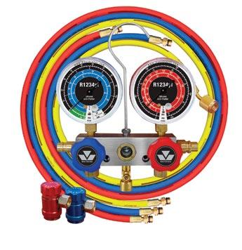 ALUMINUM 2-WAY MANIFOLD GAUGE SETS R1234yf 2-WAY PISTON VALVE MANIFOLD FOR AUTOMOTIVE A/C Manifold block assembled with (3) 12mm-F fittings per SAE J2888 Red & Blue nylon barrier hoses with 12mm-M