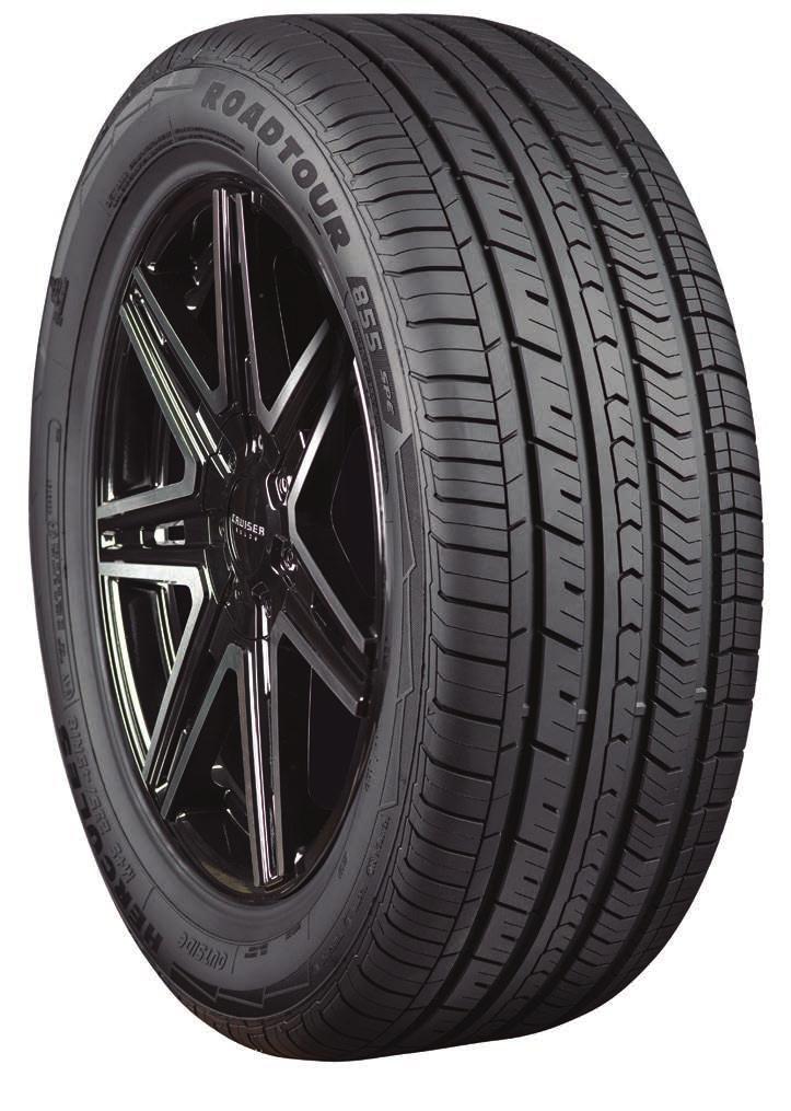 Asymmetric tread pattern incorporates larger blocks on the outside of the tire for stability and dry traction, and smaller inside elements with dense siping for added traction.