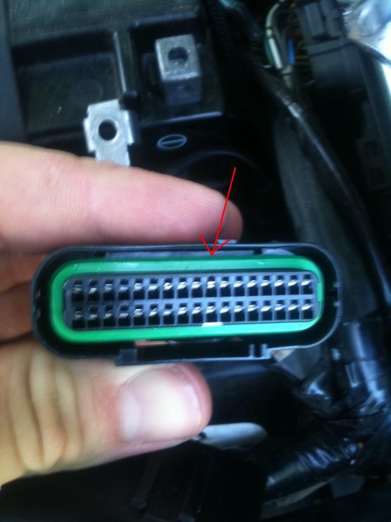 View of ECU plug with 2 wire harness installed 7) Re-install the orange plastic cap on front of