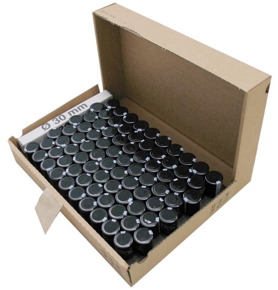 Packing of snap-in capacitors For ecological reasons the packing is pure cardboard. Components can be withdrawn (in full or in part) in the correct position for insertion.