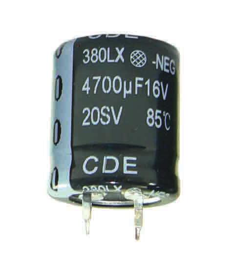 The excellent value of Type 380L/LX capacitors finds application in switching power supply input and output circuits and even motor drives where the high surface area of multiple units in parallel