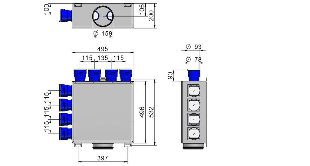 Figure 26, Dimensioned sketch AF-FB combi box with connections under/ over. Weight for AF-FB combi box with connection under/over = 12 kg.