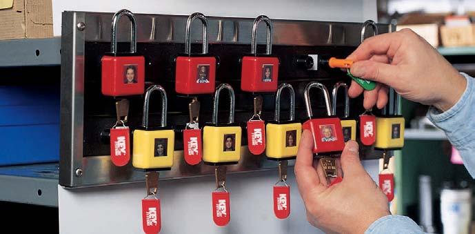 Padlock Storage Padlock Stations Constructed of 14 gauge steel with red plastic coating Small station holds up to 4 padlocks (2-1/4 H x 3 W x 1-1/4 D) Large station holds up to 24 padlocks (3 H x 16