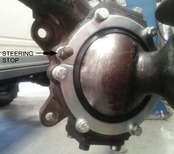 steering stop location. Reinstall the stock steering stop bolt in the same location on the knuckle.