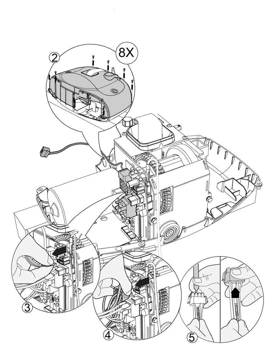 Horizontal Motor Replacement Accessing the motor: Turn unit off and follow the steps explained in Fig. 7, and Fig. 8. Remove the screws that secure the top plastic housing.