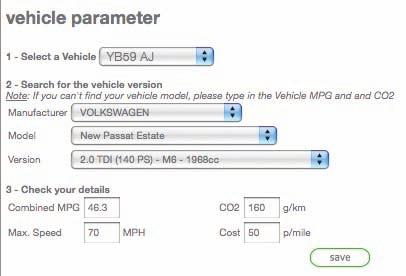 Administration Each vehicle receives by default an average configuration. This is based on vehicle type and provides average values for MPG, CO2, maximum permitted speed, and cost per mile.