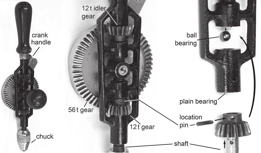 11 (iv) Explain why drive systems cannot be 100% efficient....[3] (c) Fig. 11 shows a hand drill. Fig. 11 (i) Name the type of gear used in the hand drill.