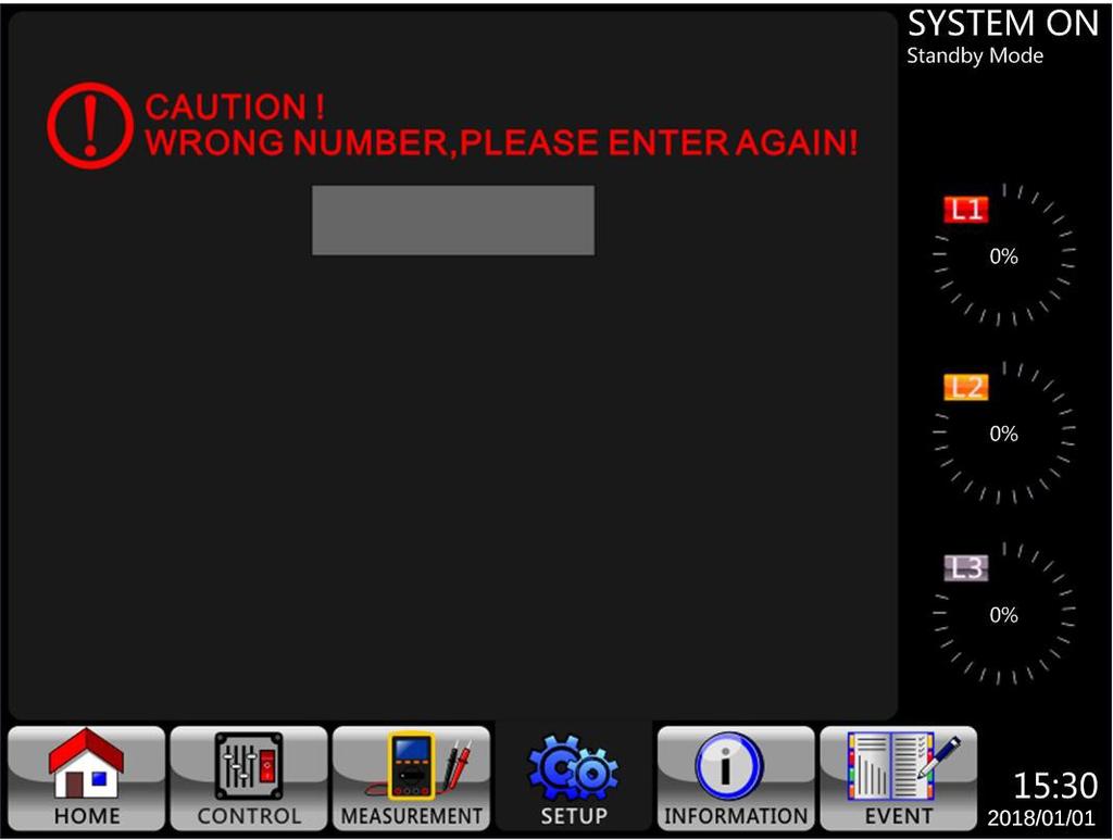 4. Control Panel and LCD Operations Touch the grey column to access the numerical keyboard. Enter a 4-digit password and press incorrect password is entered, you may retry. to enter the SETUP submenu.
