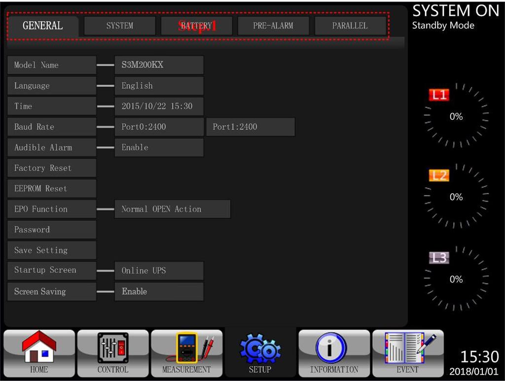 4. Control Panel and LCD Operations Setup Procedure Step 1: Choose between GENERAL, SYSTEM, BATTERY and
