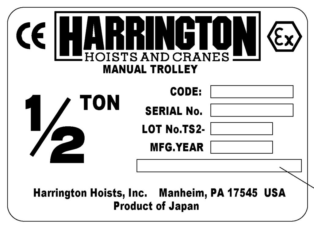 9.0 Parts List When ordering Parts, please provide the Hoist code number, lot number and serial number located on the Hoist nameplate (see fig. below).