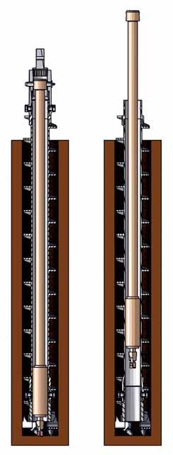 In a standard configuration (auger+rod), when the desired depth is reached, the inner rods are removed to free the inside of the auger. Coring or sampling is subsequently possible beyond this depth.