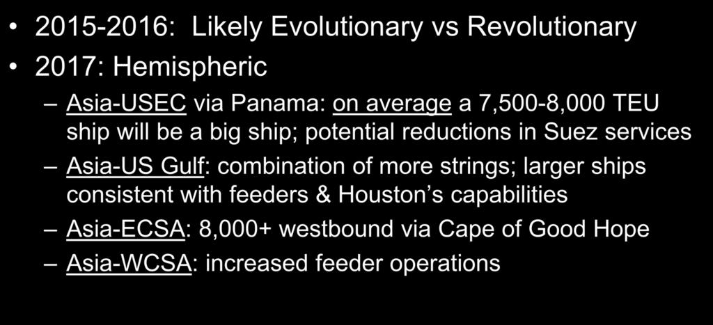 Hemispheric Networks 2015-2016: Likely Evolutionary vs Revolutionary 2017: Hemispheric Asia-USEC via Panama: on average a 7,500-8,000 TEU ship will be a big ship; potential reductions in Suez