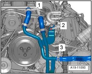 5. For 3.0T only: remove the coolant supply lines (intercooler of supercharger) in the front of the engine (Figure 8). 6.