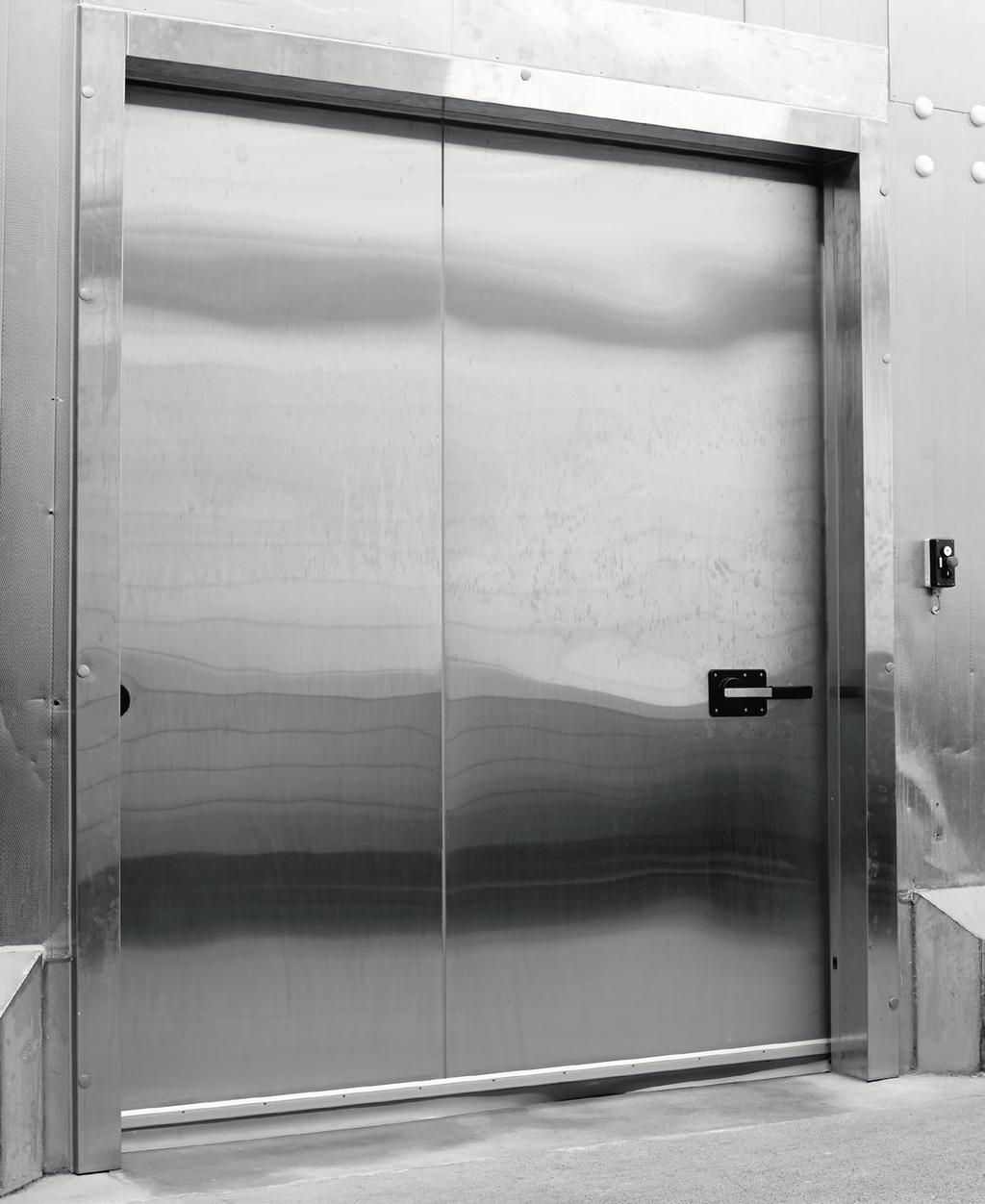 Sliding Doors - Freezer Rooms, 100 mm TECHNICAL SPECIFICATION: INSULATION PIR/PUR foam. DOOR LEAF Plastisol-coated galvanized steel or stainless steel. FRAME 1.