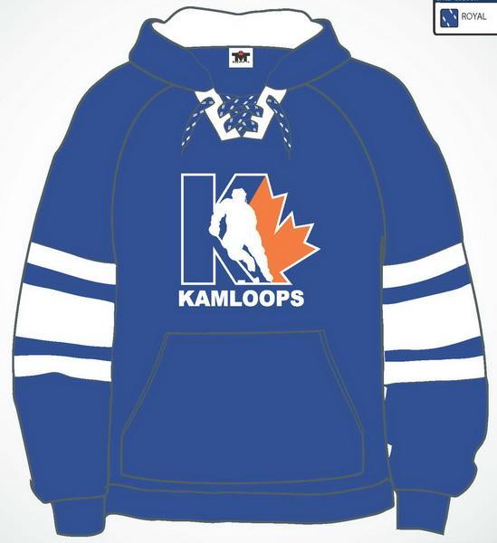 KMHA Royal Blue Hoody 14 oz 50/50 cotton/poly fleece Double ply hood Contrasting arm stripes, neck placket and inside of hood Lace-up neck line with hockey style two-tone