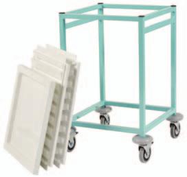 incorporate runners with positive stops, preventing trays from being accidentally withdrawn Carerail fitted to each side of the trolley to support a wide range of accessories (see options) 100/160mm