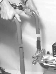 Attach high pressure hose to gun. Tighten securely. 2. Connect wand to gun.