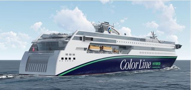 The M&B Vessel «Color Hybrid» Type Diesel-electric Plug-in hybrid (PTI / PTO) Speed 17 kn Length / Beam / Draught 160 m / 27,1 m / 6 m Gross tonnage 30000 Passengers / cars 2000 / 500 Machinery 2 x