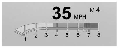 Metric English Performance View : This display gives the speedometer reading (in English or metric units), rpm reading, transmission positions, and gear shift indicator.