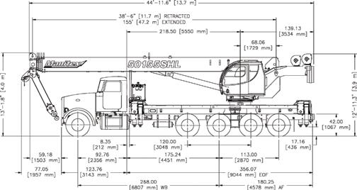 8 Dimensions CHASSIS DATA TRUCK AXLE WEIGHT CRANE WEIGHT Model 50155S 50155SHL Frame section modulus at 180/360º area of operation* 27.0 in 3 110,000 psi, 758,423 kpa 27.