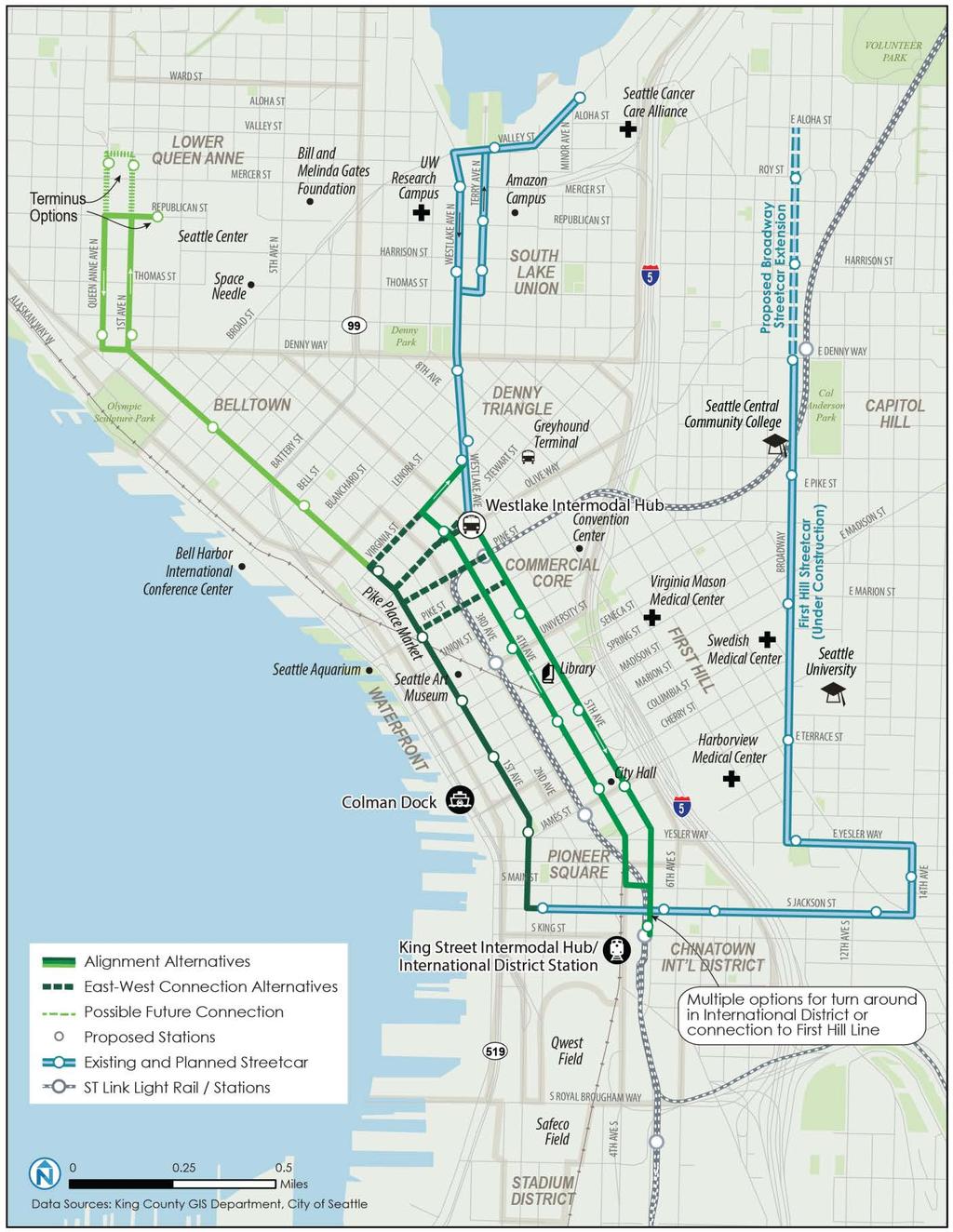 Figure 2-1 Center City Connector Initial Transit Corridor Alignment Options (Seattle TMP Concept) Source: Map