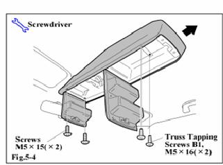 (d) Run the map light harness connector into the hole on the overhead console, as shown in Fig. 5-3. (e) Lightly tighten the front two M5 fasteners and the rear two B1 truss tapping screws.
