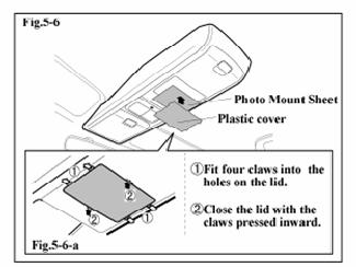 5-4) NOTE: Do not use power tools to tighten tapping screws. (f) Close the lids, connect the harness to the map light, and insert the map light into the overhead console. (Fig.