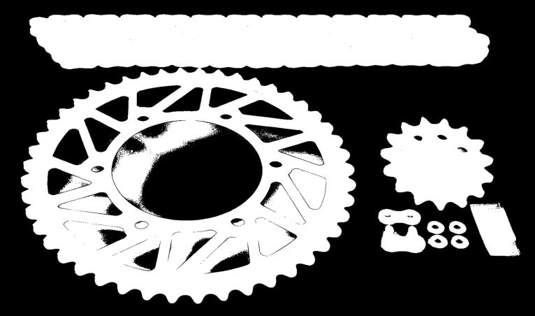 strength chromoly steel drilled front sprocket, a CNC machined RS7 Superbike Series black plated steel rear sprocket, one premium D.