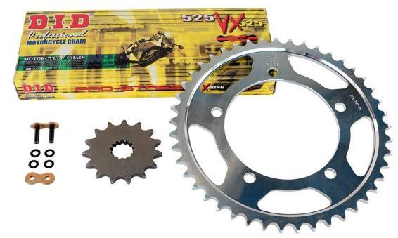 JT/D.I.D. STEEL SPROCKET & CHAIN KITS - STREET Each kit includes- * JT Brand front and rear steel sprockets * Original equipment sprocket sizes * Premium D.I.D. X'ring sealed chain cut to length w/ rivet style connecting link * Most kits can be assembled with a one tooth smaller front sprocket when specified Bike Model D.