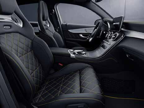 yellow contrasting topstitching (sun-reflecting) for seats, armrests in the doors and centre console (861) AMG trim elements in matt carbon fibre / light longitudinal-grain aluminium (H77) AMG