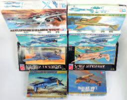 VI, Nanzan Aichi M6A1- K, De Havilland Mosquito MK IV, Grumman F4F-4 Wildcat, and others 60-90 1519 Hasegawa and Fujimi mixed scale plastic aircraft kit group, 10 boxed examples, all appear as