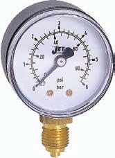 Pressure Gauges 50mm Diameter Bourdon tube copper alloy Black steel case Acrylic window 1 4" BSP bottom or back entry male connection Direct mounting Dual scale bar and psi Accuracy class 2.