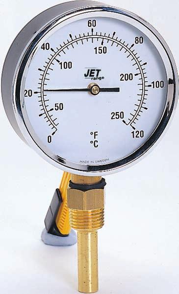 Thermometers Thermometers 100mm and 150mm Diameter Black steel case Acrylic window Chrome plated bezel Bottom and back entry 50mm or 100mm immersion length c/w BSP 1 2" pocket Pocket for 100mm dial -